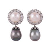 A PAIR OF DIAMOND AND CULTURED PEARL CLUSTER DROP EARRINGS