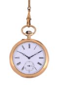 UNSIGNED, A SWISS GOLD COLOURED KEYLESS WIND OPEN FACE POCKET WATCH