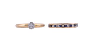 A SINGLE STONE DIAMOND RING AND A SAPPHIRE AND DIAMOND HALF ETERNITY RING