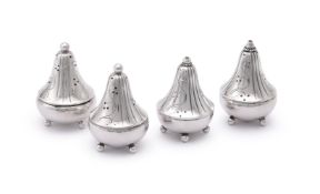 A SET OF FOUR DANISH SILVER COLOURED SALT AND PEPPER SHAKERS