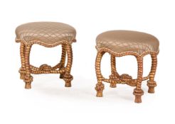 A PAIR OF GILTWOOD AND UPHOLSTERED STOOLS, IN THE MANNER OF FOURNIER