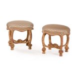 A PAIR OF GILTWOOD AND UPHOLSTERED STOOLS, IN THE MANNER OF FOURNIER