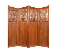 A MAHOGANY AND EMBOSSED LEATHER FOLDING ROOM SCREEN