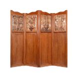 A MAHOGANY AND EMBOSSED LEATHER FOLDING ROOM SCREEN
