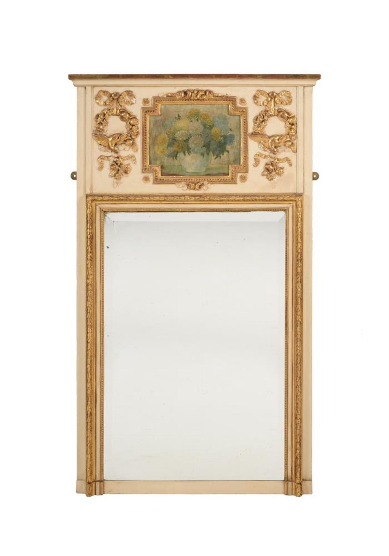 A FRENCH WHITE PAINTED AND PARCEL GILT TRUMEAU WALL MIRROR