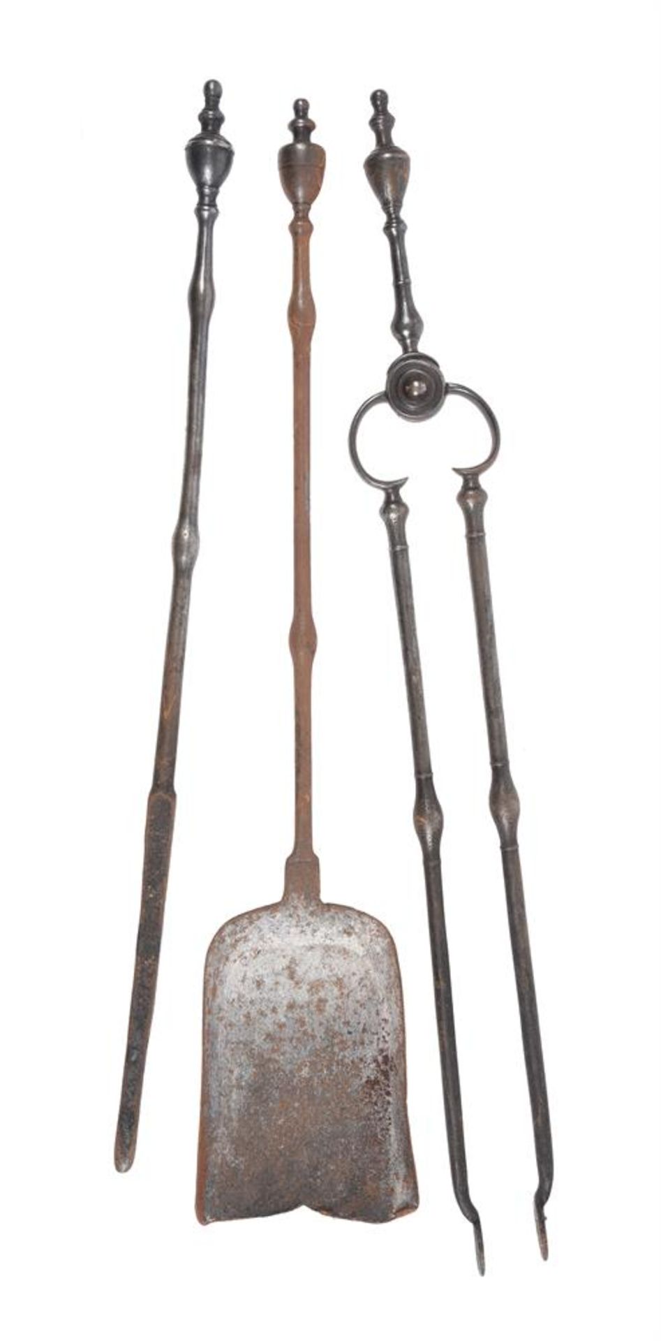 A SET OF THREE GEORGE III STEEL FIRE IRONS