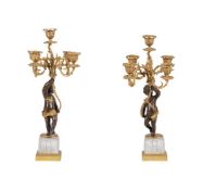 A PAIR OF PATINATED, GILT METAL AND CUT GLASS TABLE CANDELABRA