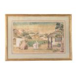 A CHINESE WATERCOLOUR OF FIGURES AND BUILDINGS