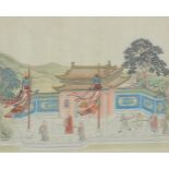 A CHINESE PAINTING OF A TEMPLE AND MONKS