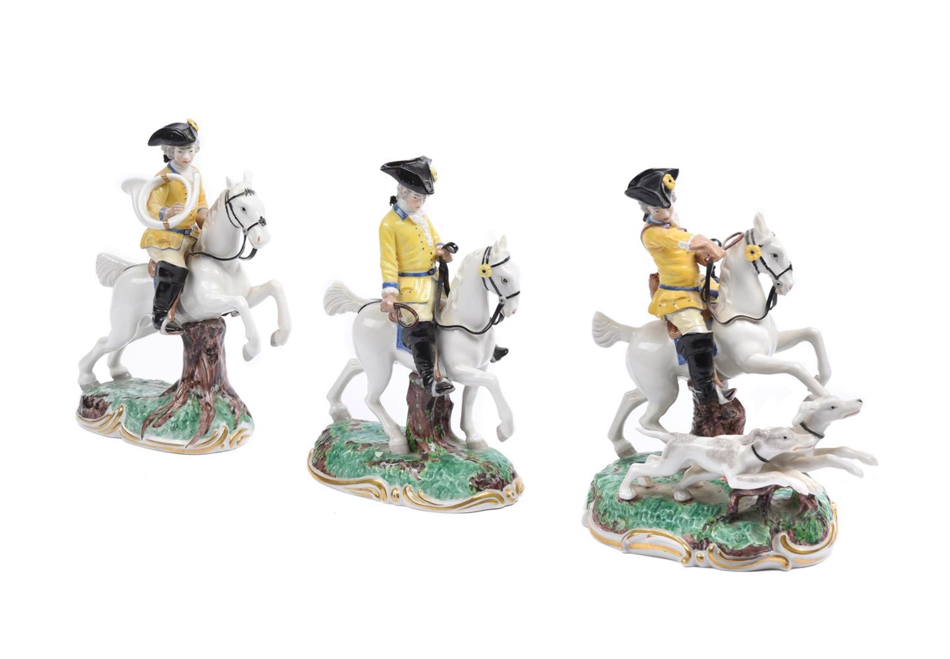 A GROUP OF THREE NYPHENBURG PORCELAIN EQUESTRIAN HUNTSMEN