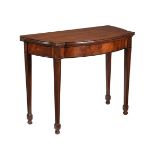 A LATE GEORGE III MAHOGANY BOWFRONT CARD TABLE