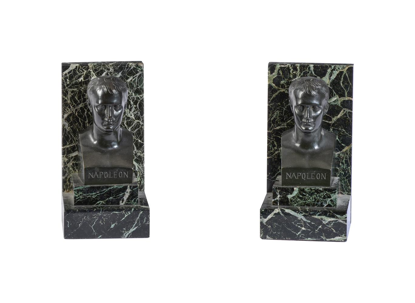 A PAIR OF GREEN MARBLE AND BRONZE MOUNTED BOOKENDS