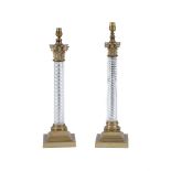 A PAIR OF BRASS AND GILT METAL MOUNTED COLUMNAR TABLE LAMPS