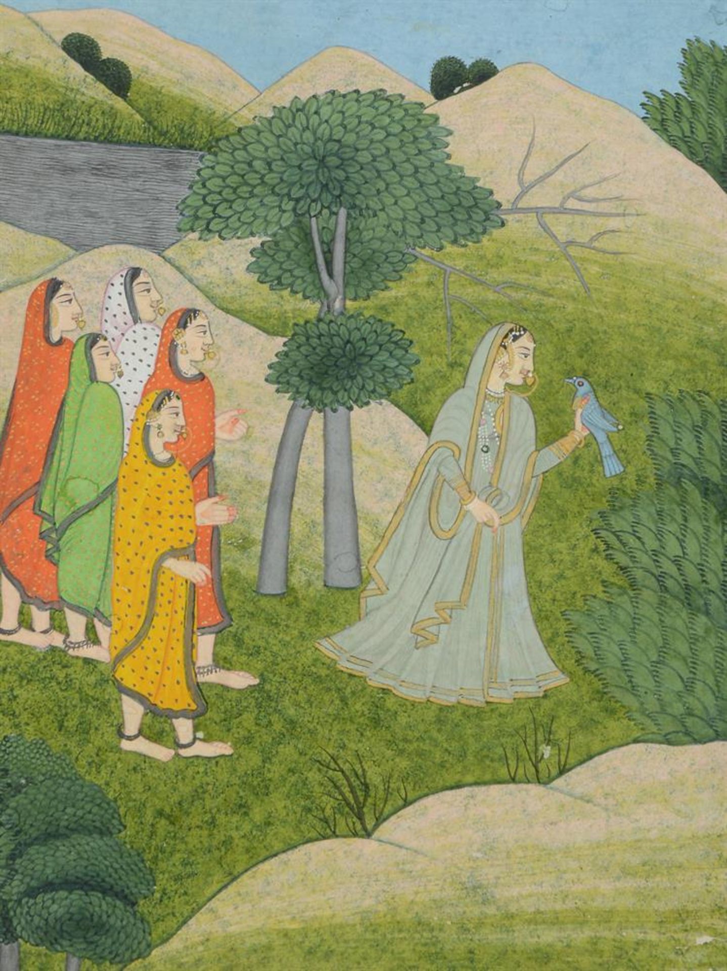 A PAHARI PAINTING OF A WOMAN WITH A DOVE AND HER COMPANIONS