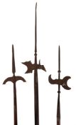 A GROUP OF THREE THEATRICAL PROP HALBERDS IN 17TH CENTURY STYLE