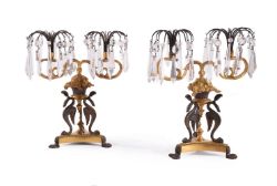 A PAIR OF REGENCY GILT AND PATINATED BRONZE TWIN-LIGHT TABLE LUSTRES, CIRCA 1815