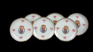 A SET OF SIX MODERN ARMORIAL PLATES IN CHINESE EXPORT STYLE AND IN THE MANNER OF EDME SAMSON