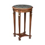 A FRENCH MAHOGANY, GILT METAL AND MARBLE TOPPED SIDE TABLE OR GUERIDON