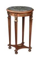 A FRENCH MAHOGANY, GILT METAL AND MARBLE TOPPED SIDE TABLE OR GUERIDON