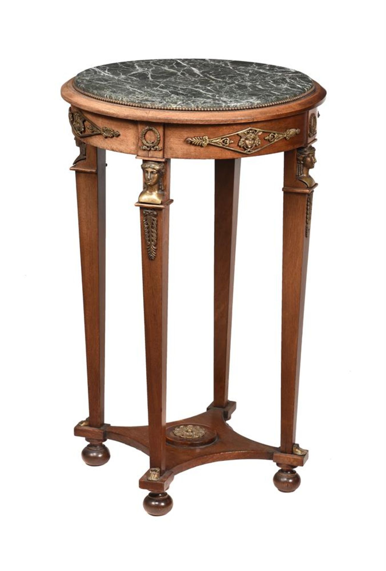 A FRENCH MAHOGANY, GILT METAL AND MARBLE TOPPED SIDE TABLE OR GUERIDON