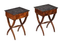 A PAIR OF MAHOGANY AND MARBLE BEDSIDE TABLES IN EMPIRE STYLE