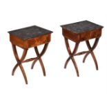 A PAIR OF MAHOGANY AND MARBLE BEDSIDE TABLES IN EMPIRE STYLE