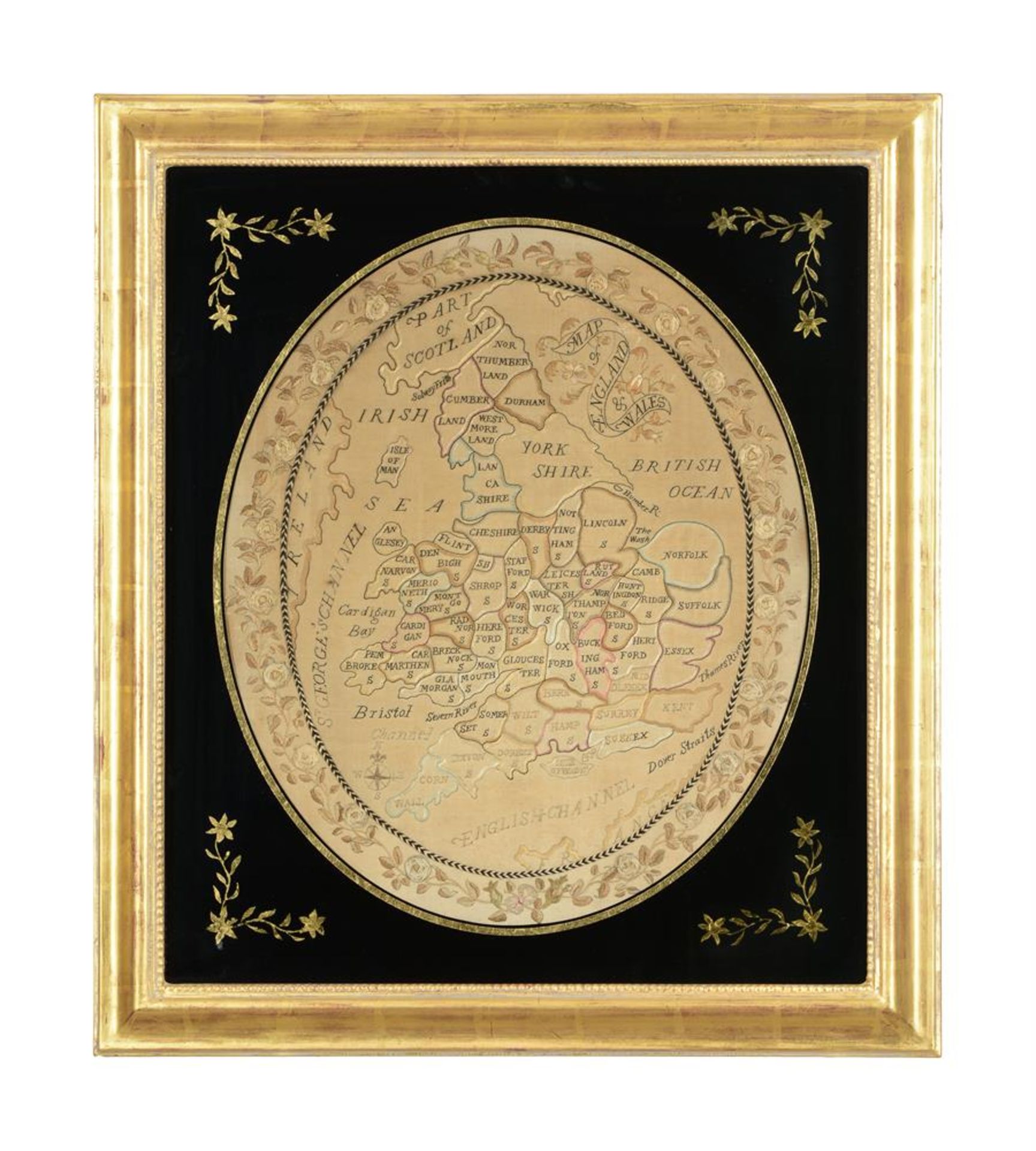 A GEORGE III SILKWORK COUNTIES MAP OF ENGLAND & WALES