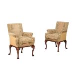 A PAIR OF MAHOGANY AND TAPESTRY STYLE UPHOLSTERED ARMCHAIRS IN GEORGE I STYLE