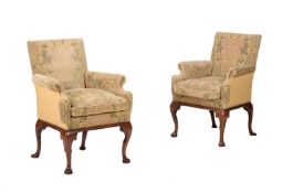 A PAIR OF MAHOGANY AND TAPESTRY STYLE UPHOLSTERED ARMCHAIRS IN GEORGE I STYLE