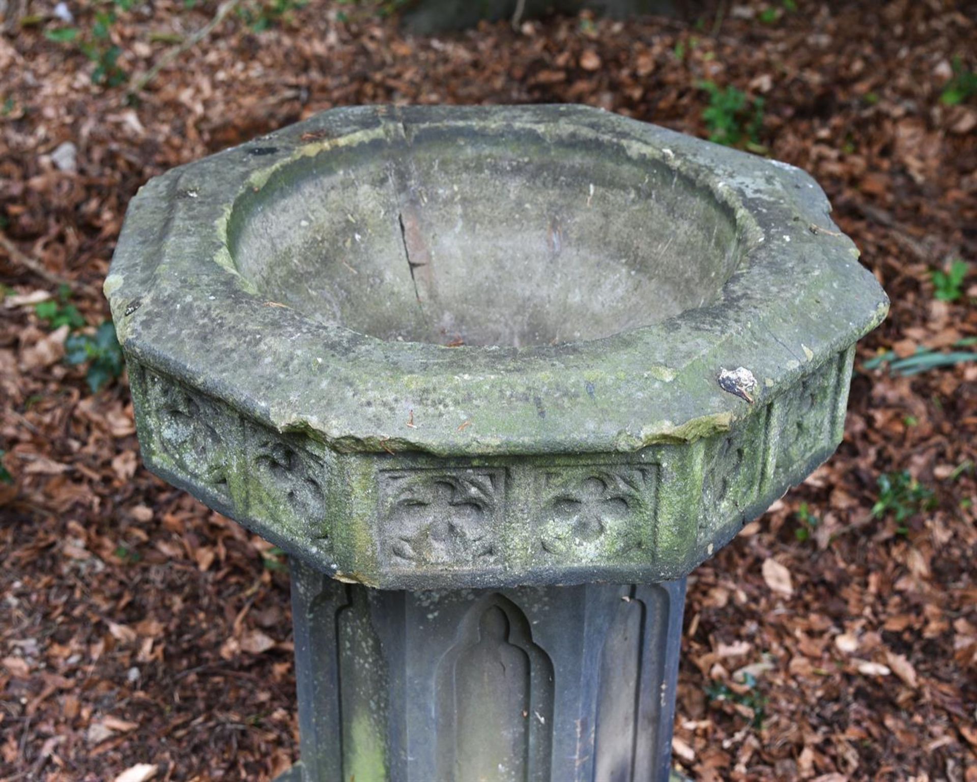 A CAST STONE GOTHIC PEDESTAL JARDINIÈRE, ATTRIBUTED TO AUSTIN & SEELEY - Image 2 of 2