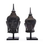 TWO SUKHOTHAI STYLE LAQUER HEADS OF BUDDHA20TH CENTURYwith detachable wood finials the heads appr