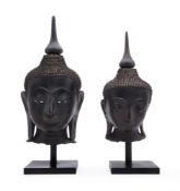 TWO SUKHOTHAI STYLE LAQUER HEADS OF BUDDHA20TH CENTURYwith detachable wood finials the heads appr