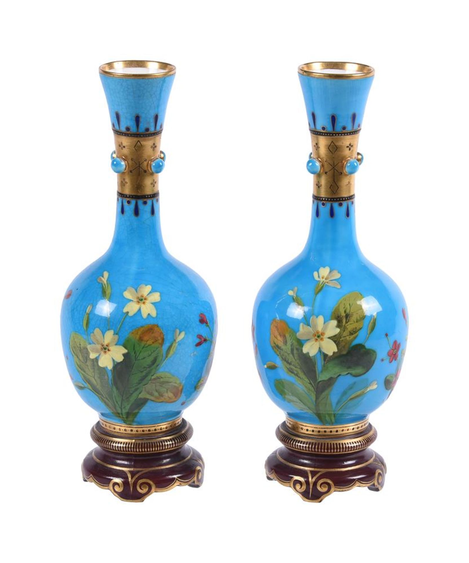 CHRISTOPHER DRESSER FOR MINTONA PAIR OF AESTHETIC MOVEMENT SLENDER FLOWER VASES