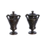 A PAIR OF BRONZE MODELS OF URNS AND COVERS