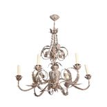 A SILVERED METAL CHANDELIER, IN 18TH CENTURY STYLE