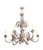 A SILVERED METAL CHANDELIER, IN 18TH CENTURY STYLE