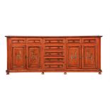 A RED JAPANNED AND PAINTED SIDE CABINET