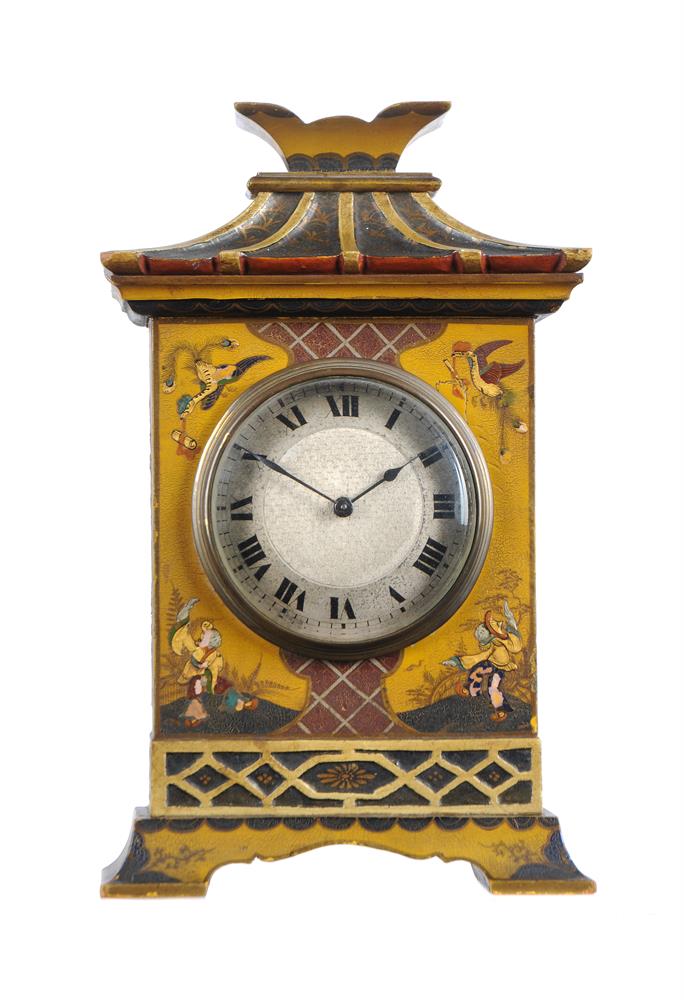 A MANTEL TIMEPIECE WITH YELLOW LACQUERED CASE IN CHONOISERIE STYLE - Image 2 of 3