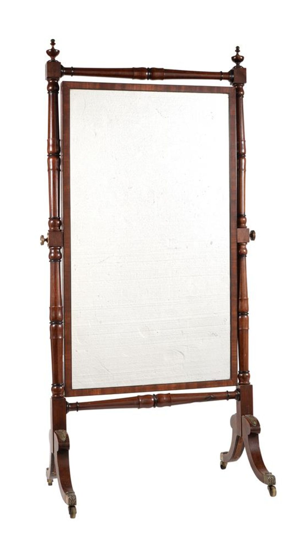 A GEORGE IV MAHOGANY AND GILT METAL MOUNTED CHEVAL MIRROR