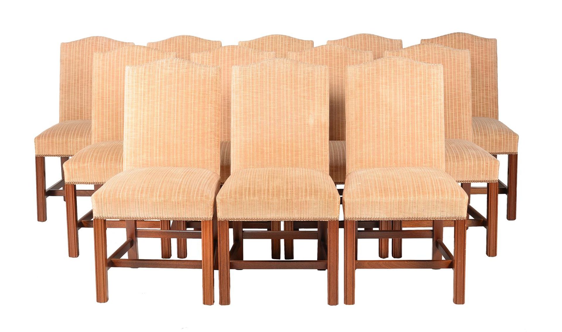 A SET OF TWELVE MAHOGANY AND UPHOLSTERED DINING CHAIRS IN GEORGE III STYLE