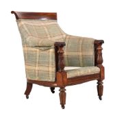 A WILLIAM IV MAHOGANY AND UPHOLSTERED LIBRARY ARMCHAIR