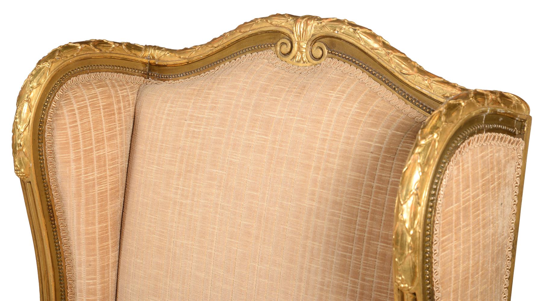 A PAIR OF GILTWOOD AND UPHOLSTERED HIGH BACK ARMCHAIRS - Image 2 of 3