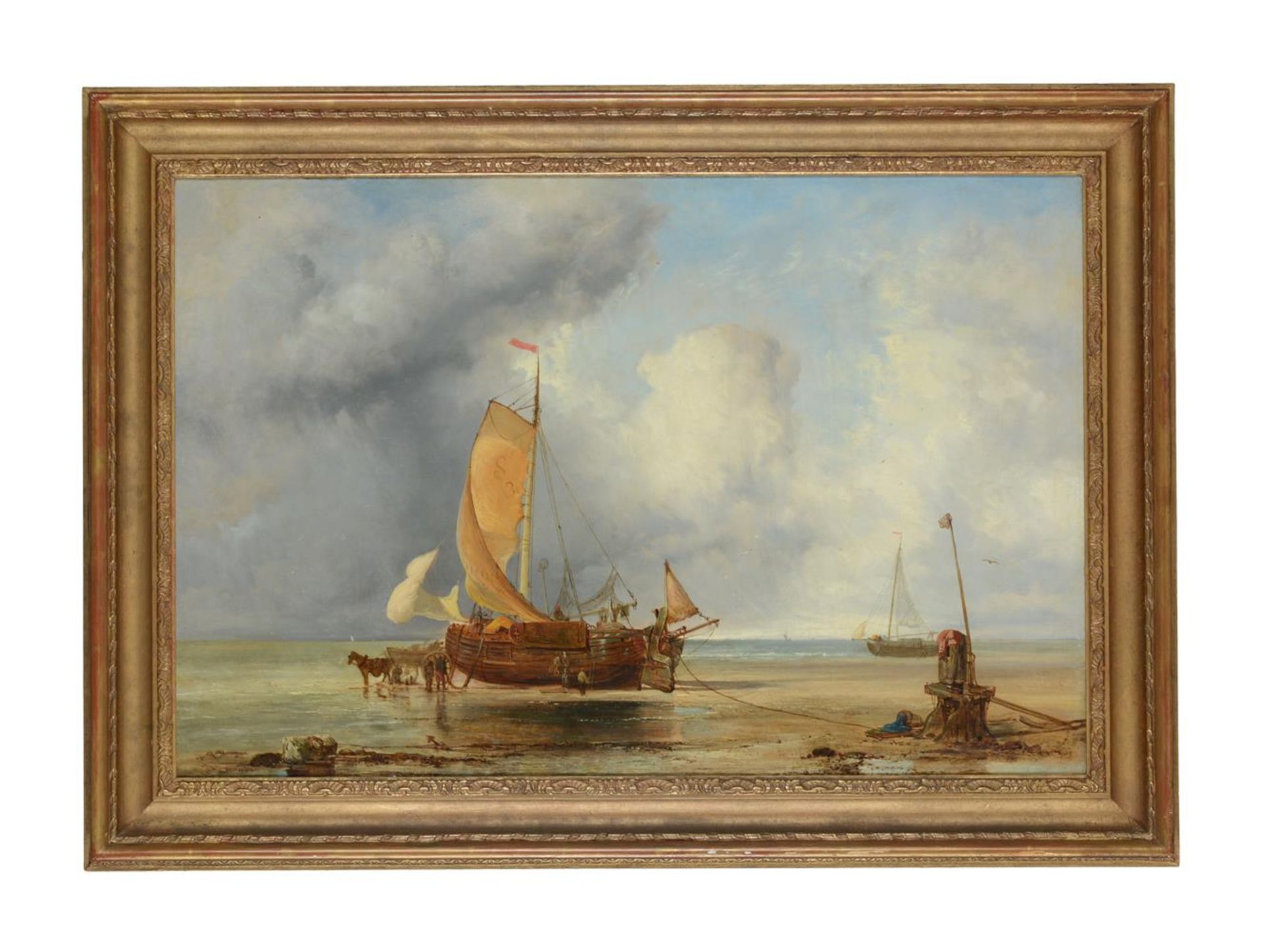 JAMES WEBB (BRITISH CIRCA 1825-1895), UNLOADING THE SHIP, WITH DONKEY AND CART IN THE SHALLOWS - Image 2 of 3