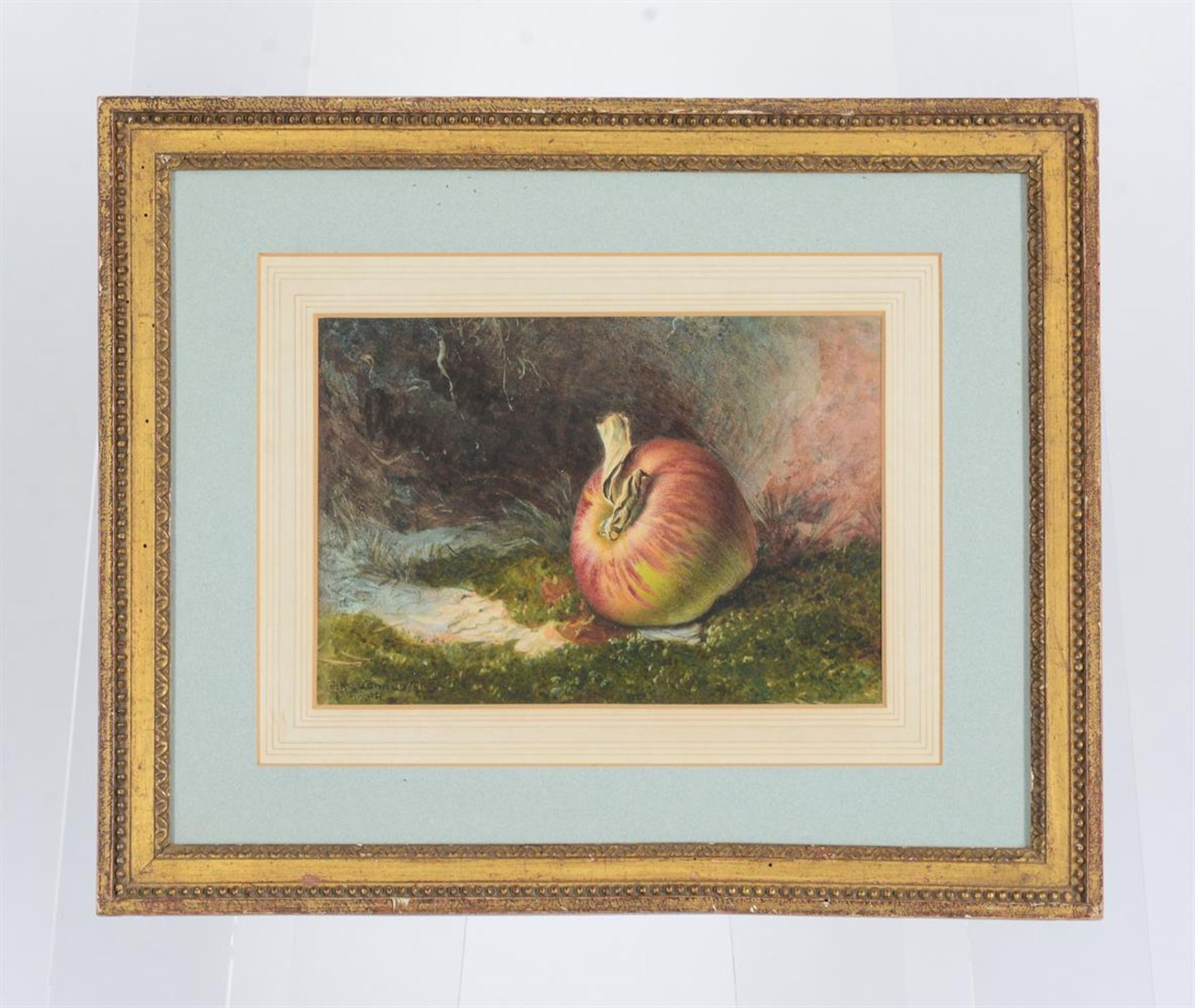 G MACDONALD CLARKE (19TH CENTURY), STILL LIFE OF AN APPLE IN A LANDSCAPE - Image 2 of 3