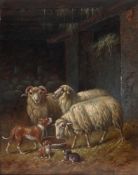 ADOLF D. NOWEY (AUSTRIAN B.1835-?), SHEEP AND DOGS IN A BARN; SHEEP WATERING WITH DUCKS SWIMMING
