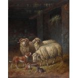 ADOLF D. NOWEY (AUSTRIAN B.1835-?), SHEEP AND DOGS IN A BARN; SHEEP WATERING WITH DUCKS SWIMMING