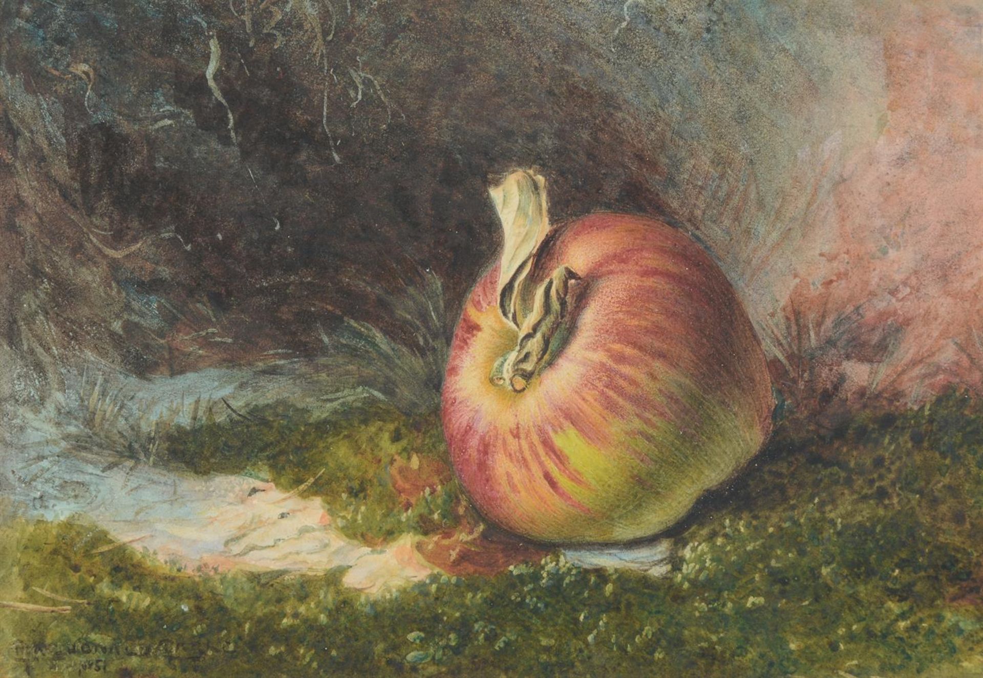 G MACDONALD CLARKE (19TH CENTURY), STILL LIFE OF AN APPLE IN A LANDSCAPE