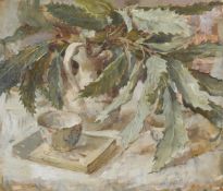 EMILY PATRICK (BRITISH 20TH/21ST CENTURY), CHESNUT LEAVES IN A SMALL WHITE VASE