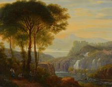 MANNER OF CLAUDE LORRAINE, TRAVELLERS IN A LANDSCAPE WITH RUINS AND WATERFALLS BEYOND