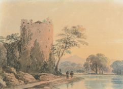 JOHN VARLEY SENIOR (BRITISH 1778-1842), FIGURES BY A CASTLE ON A LAKE